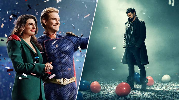 Homelander is waving with Victoria Neuman as confetti reigns around them in The Boys. Bily Butcher is stood with a spotlight on him, red, white, and blue balloons at his feet.