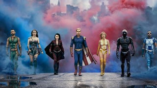 The Boys' The Seven, all walking towards the camera, blue and pink smoke behind them. From left to right: The Deep, Queen Maeve, Stormfront, Homelander, Starlight, Black Noir, A-Train.