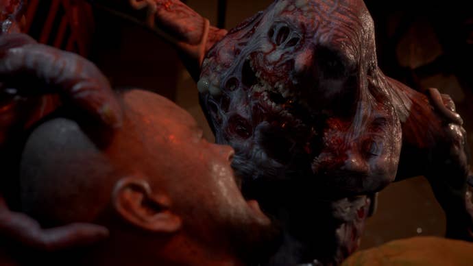 A bloated biophage wraps its hand around Jacob’s head in The Callisto Protocol, as Jacob screams in pain.