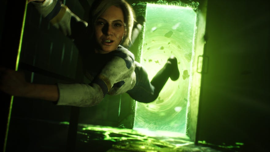 A woman being sucked into a glowing green doorway
