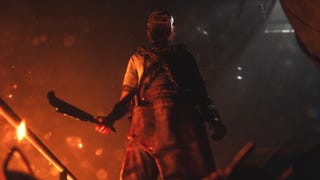 A screenshot from The Casting of Frank Stone showing a masked serial killer wielding a knife, standing against the fiery backdrop of a steel mill.