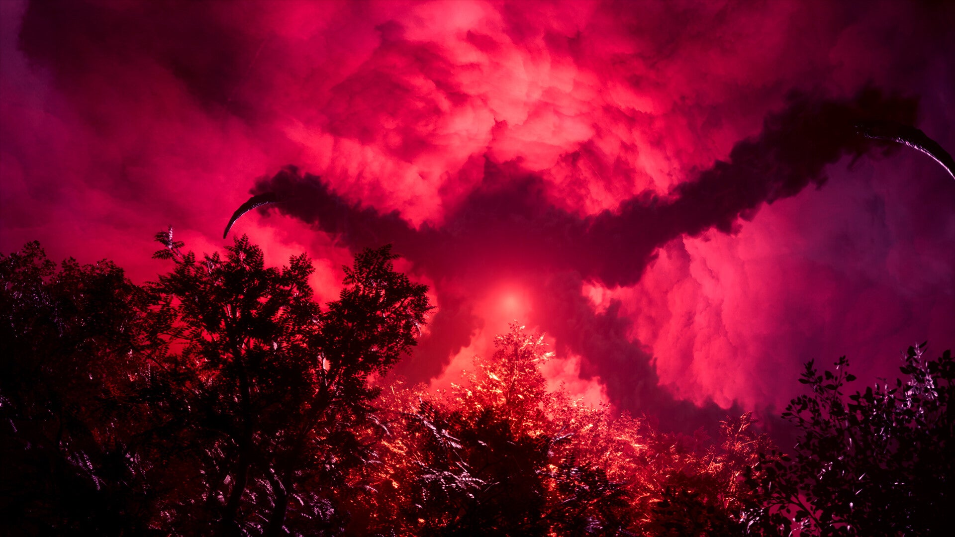 The shape of The Entity and its terrible claws, visible between vivid crimson clouds. - 5