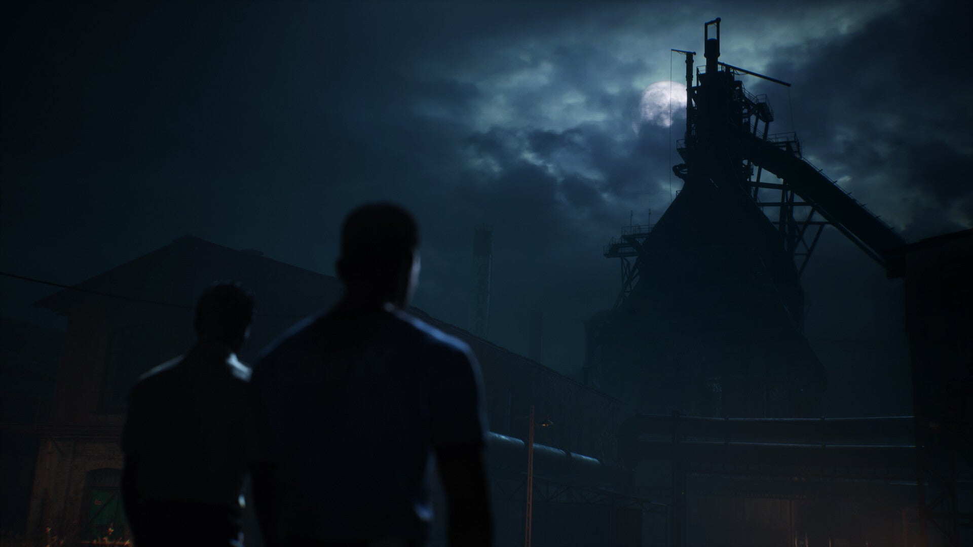 A character approaches the steel mill, on a night so dark that the top of the building is barely illuminated by the moon. - 3