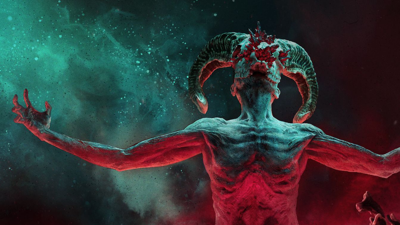 A bare-chested Cult creature in The Chat, lit in blue and pink, with a ram skull over his head