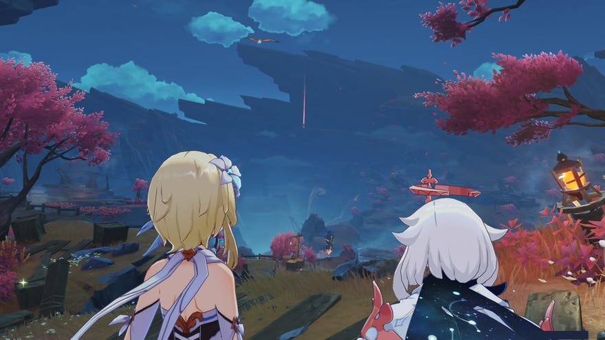 Lumine and Paimon look out over The Chasm, a new area in Genshin Impact.