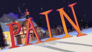 A man stands atop the giant word PAIN in a snowy village, from the music video to Christmas Pain in Christmas Town by Hot Dad.