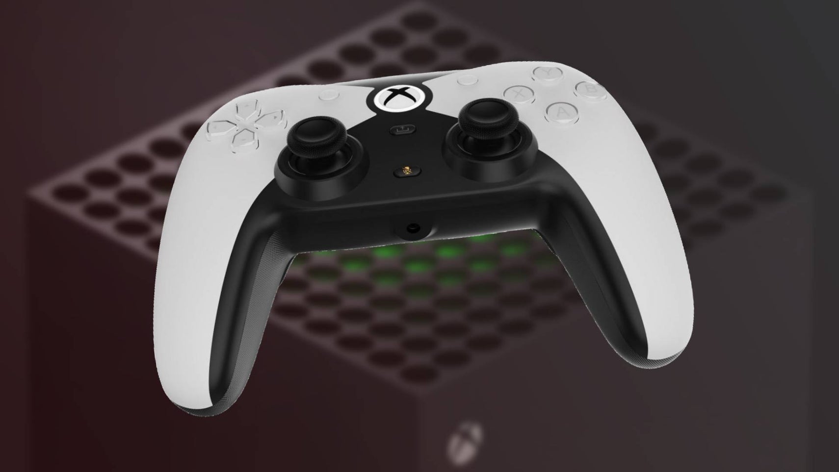An Xbox controller themed to look like a PS5 DualSense floating in front of an Xbox Series X. - 1