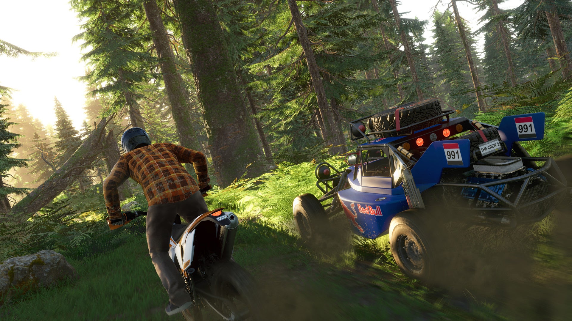 A idiosyncratic   connected  a dirtbike is racing a ungraded  buggy successful  the woods successful  The Crew 2.