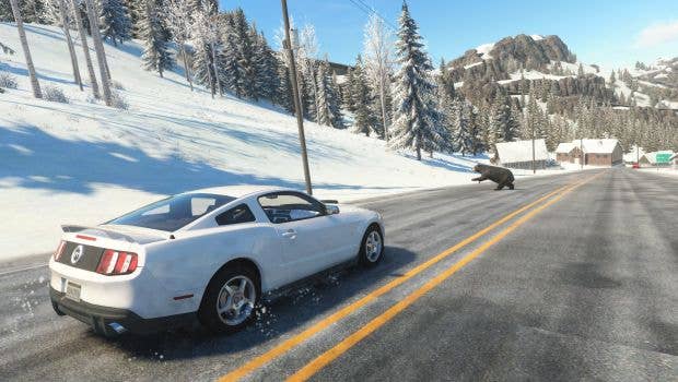 A white car speeds down a winter road as a bear leaps out into the road.