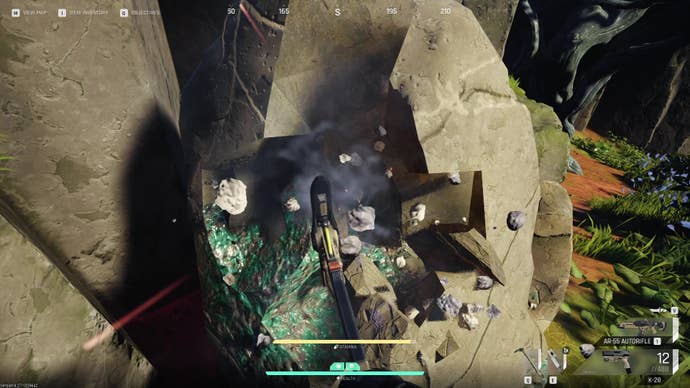 A screenshot of the player clinking a pickaxe into a mineral deposit from The Cycle.