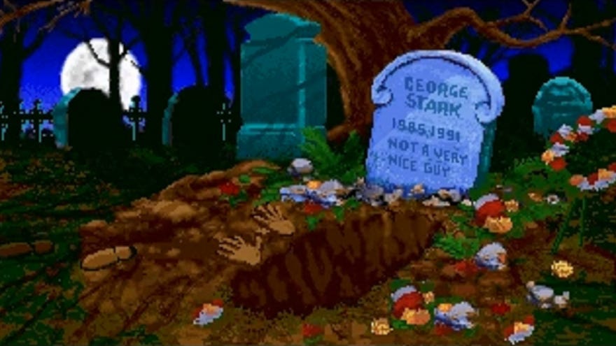 A gravestone in a moonlit cemetery. The inscription reads “George Stark, 1985-1991. Not a very nice guy."