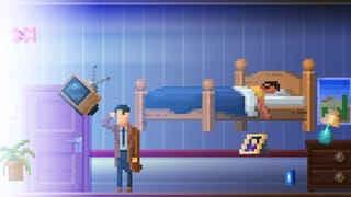 A screenshot of The Darkside Detective: A Fumble In The Dark showing a detective in a trenchcoat looking into a blinding light in a bedroom full of hovering furniture.