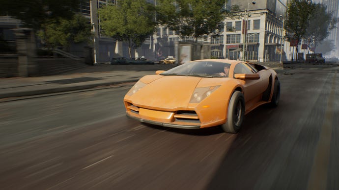 A character driving an orange sports car speeds through empty streets in zombie MMO The Day Before