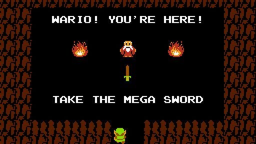 The shopkeeper appears to Zelda, who is mistaken for Wario and offered “the mega sword”.