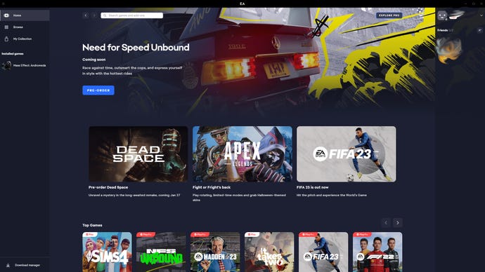 Browsing the new EA app’s homepage.