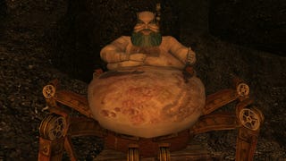 Yagrum Bagarn, the last dwarf, sits corpulent upon mechanical spider legs in The Elder Scrolls III: Morrowind.