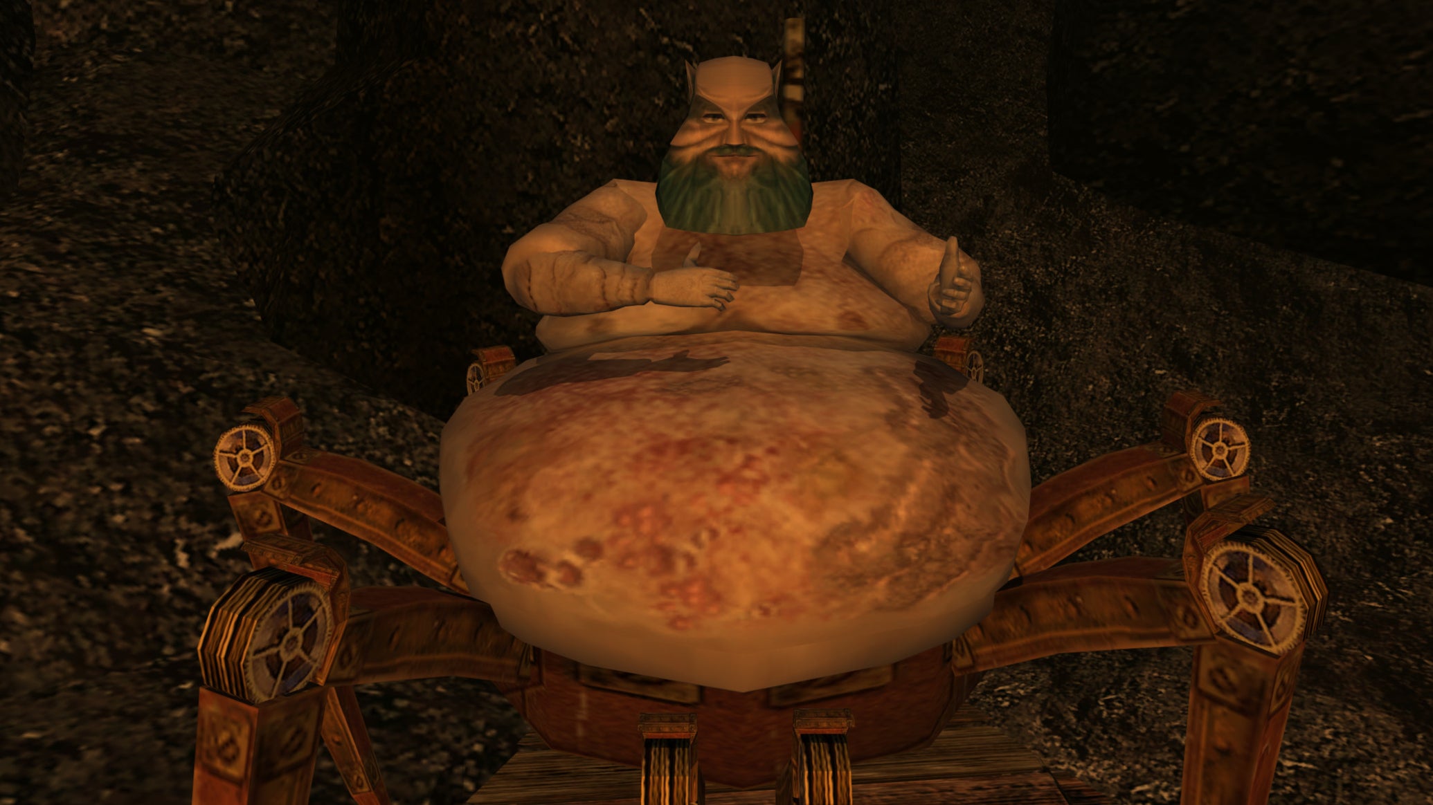 Yagrum Bagarn, the last dwarf, sits corpulent upon mechanical spider legs in The Elder Scrolls III: Morrowind. - 1