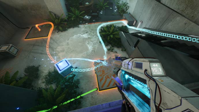 The player fires a time gun down at a blue cube in an overgrown lab scene in The Entropy Centre.