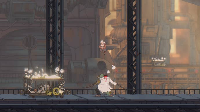 An old man is about to land on an enemy with his cane in The Eternal Life of Goldman.