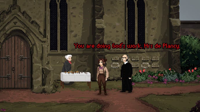 The main character in The Excavation Of Hob’s Barrow, Thomasina, is standing in front of a church door with a vicar. He’s saying ‘You’re doing God’s work, Mrs de Plancy’ to an older woman running a cake stall by the door
