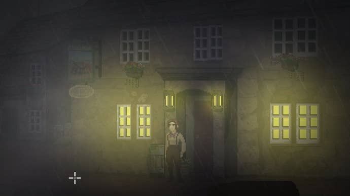 Thomasina stands outside the village pub in The Excavation Of Hob’s Barrow, on a dark misty night