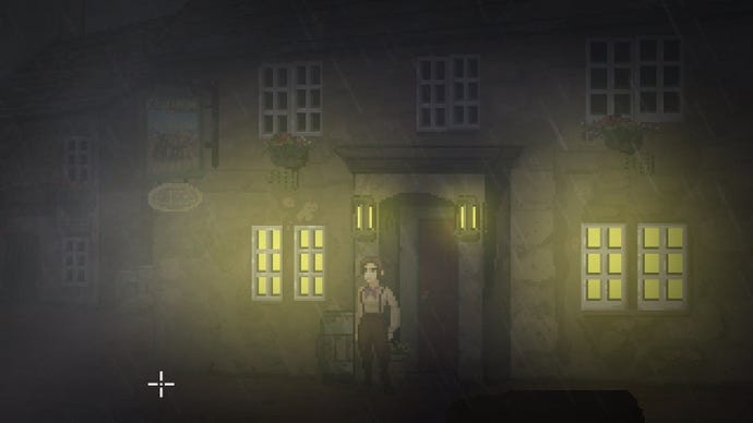 Thomasina stands outside the village pub in The Excavation Of Hob’s Barrow, on a dark misty night