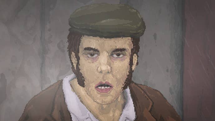 A close up of a drunk man, rendered in pixel-art, staring at the player in The Excavation Of Hob’s Barrow