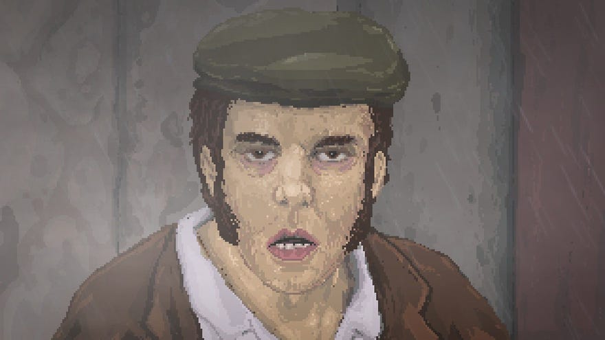 A close up of a drunk man, rendered in pixel-art, staring at the player in The Excavation Of Hob’s Barrow