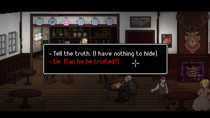 A dialogue pop-up in The Excavation Of Hob’s Barrow asking whether the player should tell the truth or lie to an NPC who may not be trustworthy