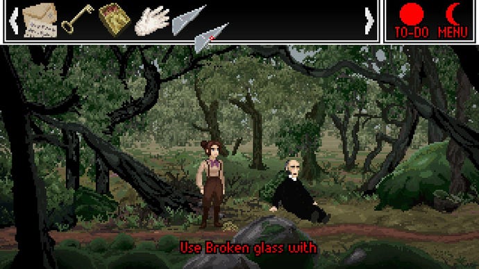 The main character of The Excavation Of Hob’s Barrow, Thomasina, hold’s a shard of glass from her inventory as she stands in a forest clearing next to an unwell priest
