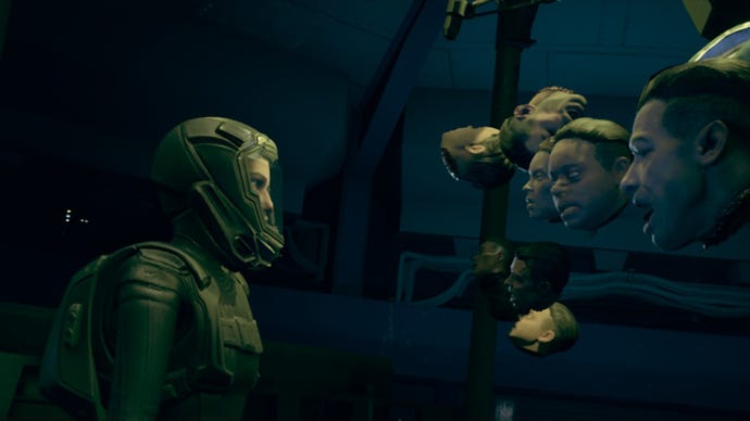 A woman in a spacesuit is confronted by several floating heads in The Expanse: A Telltale Series