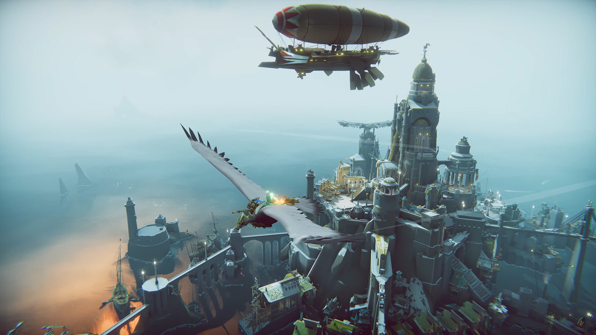 A bird with steampunk weapon attachments is flying across a city in The Falconeer. - 1