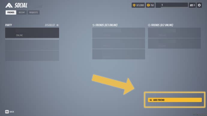 The Social screen of The Finals, with the “Add Friend” button highlighted.