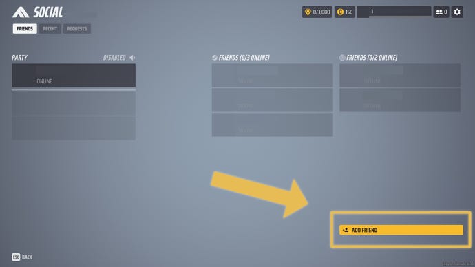The Social screen of The Finals, with the "Add Friend" button highlighted.