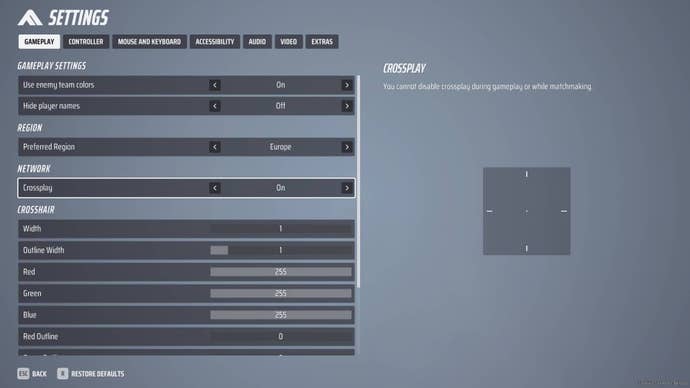 The settings menu in The Finals with the crossplay toggle highlighted.