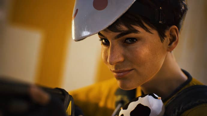 A close-up of a player’s face in a cinematic trailer for The Finals.