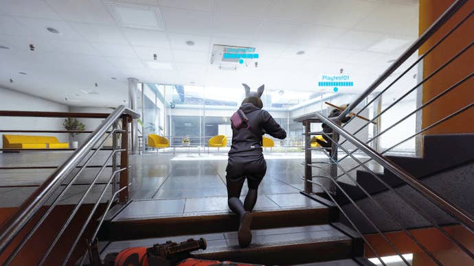 Screenshot from The Finals showing a player with rabbit ears running away from the camera