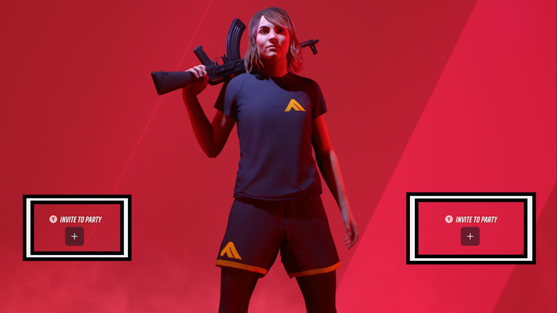 the finals main screen character in center with invite friend prompts highlighted on either side