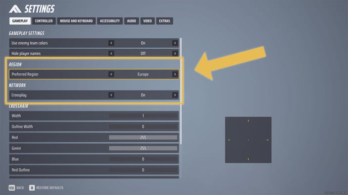 The settings screen in The Finals, with the region and crossplay settings highlighted.