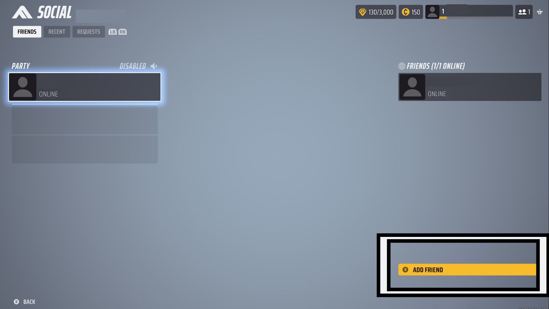 the finals social screen with add friend prompt highlighted