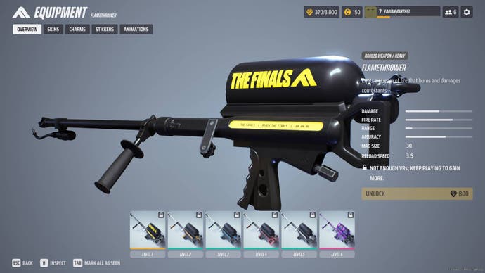 The overview of the Flamethrower in The Finals menus.