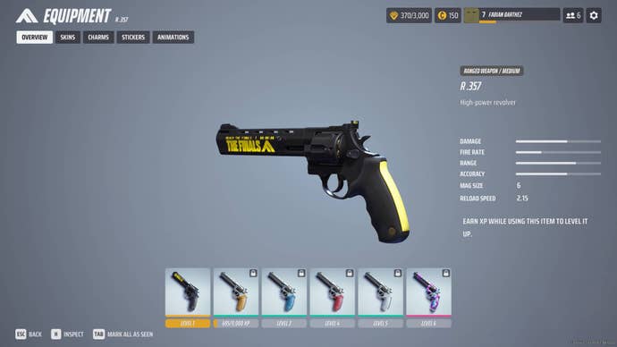 The overview of the R. 357 in The Finals menus.