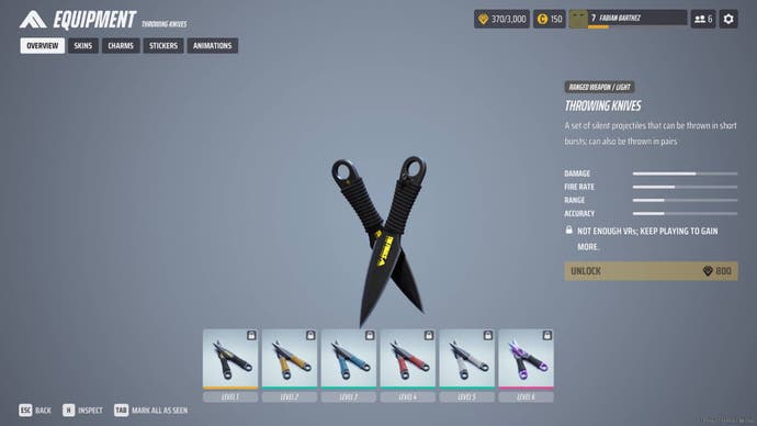 The overview of the Throwing Knives in The Finals menus.