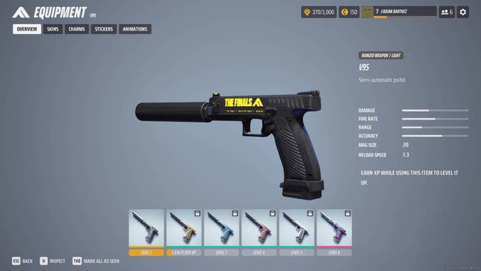 The overview of the V9S in The Finals menus.