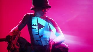 Artwork for the multiplayer shooter The Finals, showing a feminine person crouching down, UZI resting on one knee. They were a bucket hat, and the words The Finals are projected onto their T-shirt. The whole scene is bathed in pink.