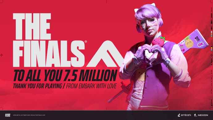 The Finals welcomed 7.5 million players. Here is developer Embark thanking those that joined, with a picture of a female character making a love heart shape with her hands and a rifle strapped to her back. She has a cat eared headband on