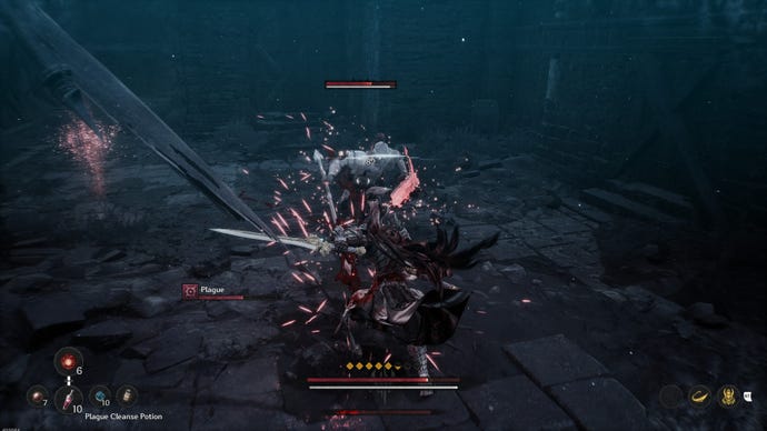 The subordinate and an force clash, sending sparks flying from their weapons.
