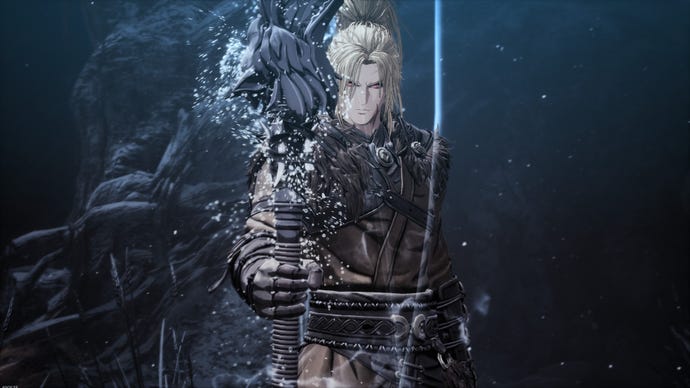 A blond-haired fig wields a unit that glows with achromatic spray.
