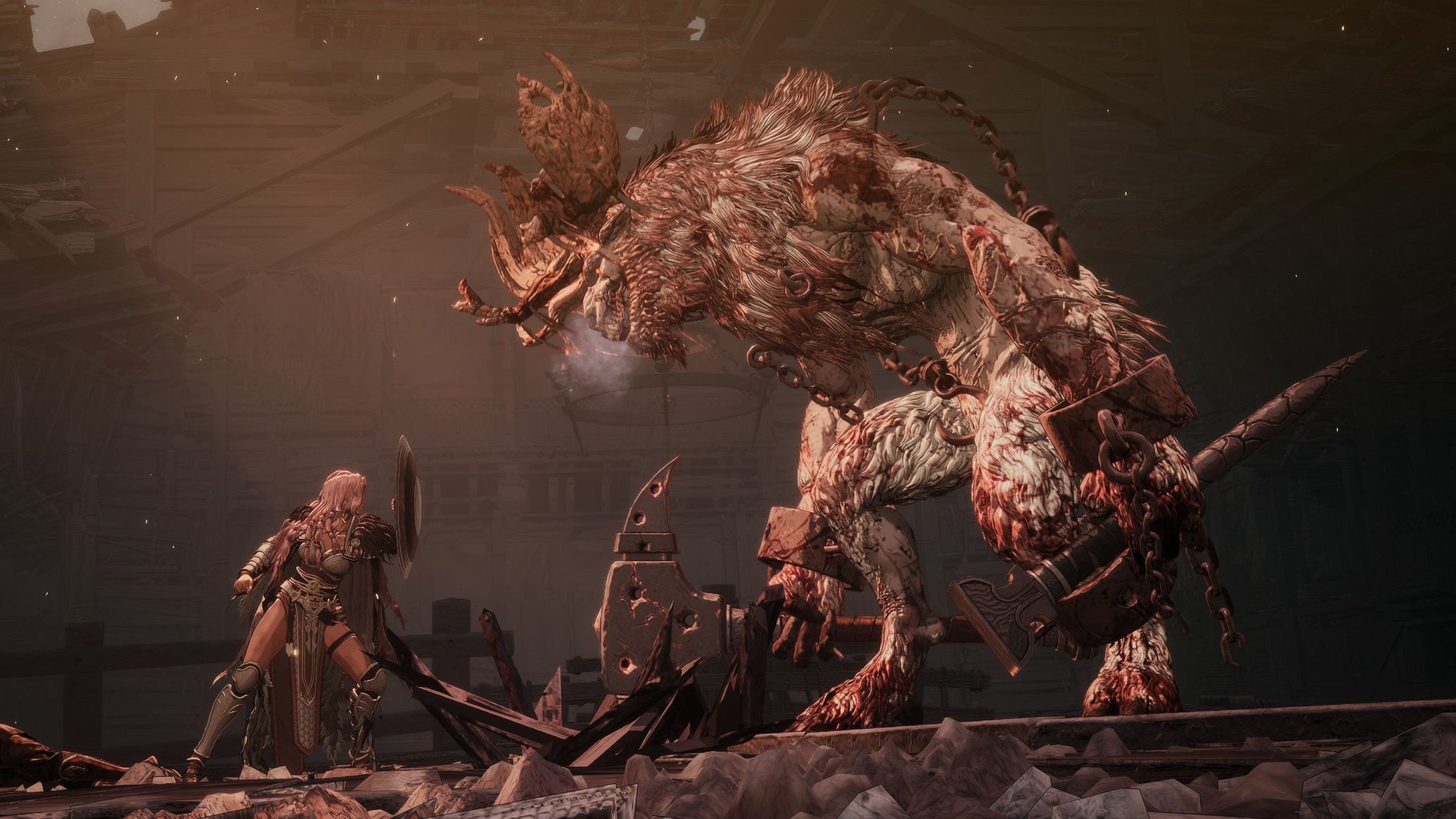 A huge demon stares down at a woman with a shield. - 1