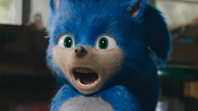 The original film Sonic the Hedgehog design, with horrible teeth.